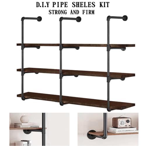 3-Set Industrial Pipe Shelves Wall Mounted 4-Tier Rustic Bookcase - Black