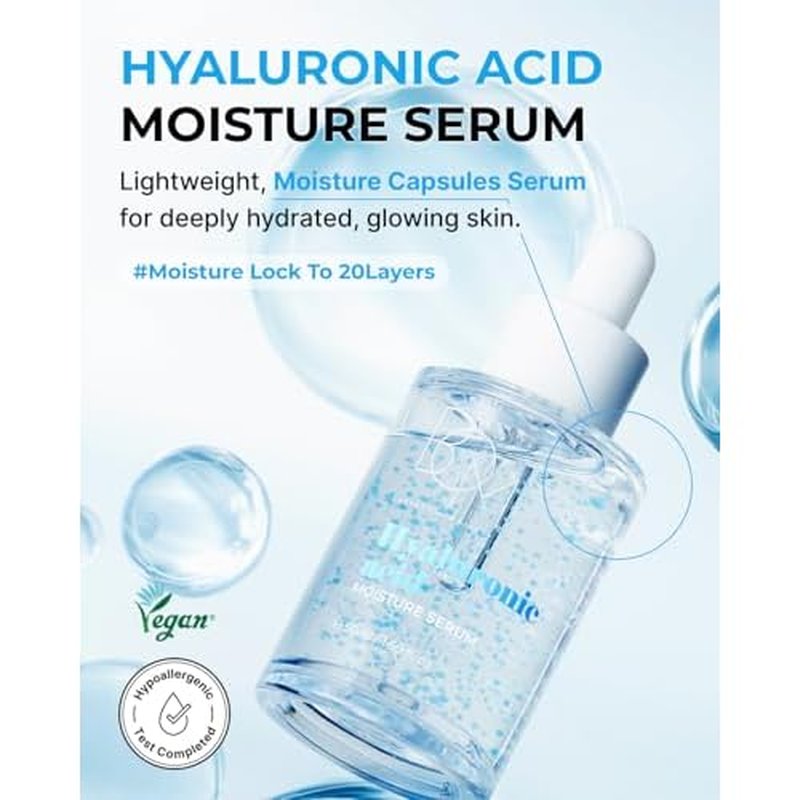 BOM Hyaluronic Acid Moisturizing Serum 1.69 fl oz, Lightweight Vegan Facial Serum with Moisture Capsules and Vitamins, Deep 20 Layer Hydration, Face Plumping, Hypoallergenic, Dry Skin Korean Skincare