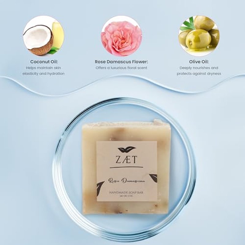 8-Pack Rose Damascene Bar Soap ? Natural Rose Extract with Olive Oil and Coconut Oil - Handmade Soap Bar for Face and Body - Gently Cleanses and Hydrates All Skin Types- For Men and Women