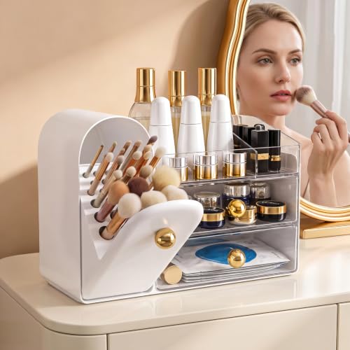 White Makeup Organizer for Vanity with Drawers & Brush Holder - Skincare Storage