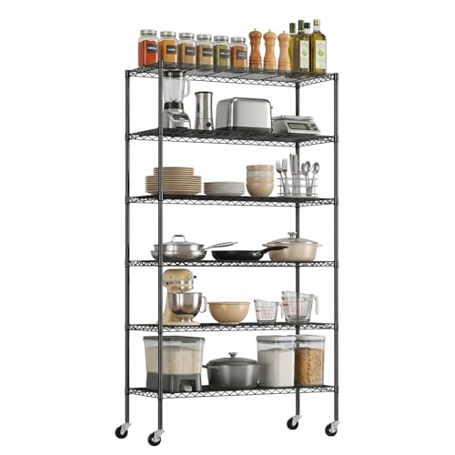 PayLessHere 6-Tier Wire Shelving Unit with Wheels - 45x18x82 Black Heavy Duty Storage Racks