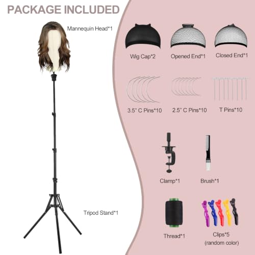 23 Inch Canvas Wig Head Mannequin with Tripod Stand & Accessories for Hair Styling & Display