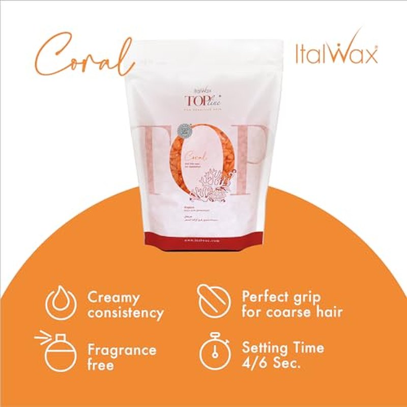 Italwax Top Line Coral Hard Wax Beads 1lb (450 g) ? Creamy Strong Grip Wax for Bikini & Coarse Hair, Suitable for Sensitive Skin, Professional Use ? Made in Italy