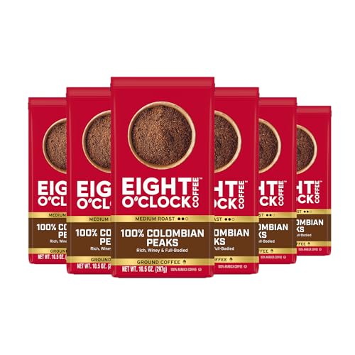 Eight O'Clock Coffee 100% Colombian Peaks Ground Coffee - Medium Roast, Pack of 6, 10oz