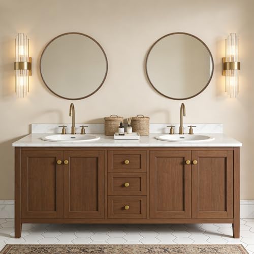 Wood Round Wall Mirror 24 Inch with Walnut Frame - Bathroom & Living Room Decor