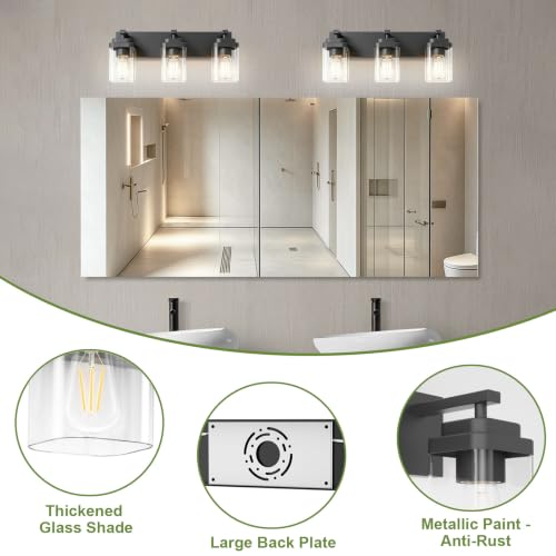 LKHF 22-inch Black 3-Light Bathroom Vanity Light Fixture Over Mirror, Modern Square Design