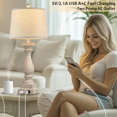 28-Inch Farmhouse Table Lamps Set of 2 with USB-C & AC Ports - Beige Vintage Nightstand Lamps - 3 Way Touch Control for Bedroom Living Room Office - Variation: Beige-2 Pack