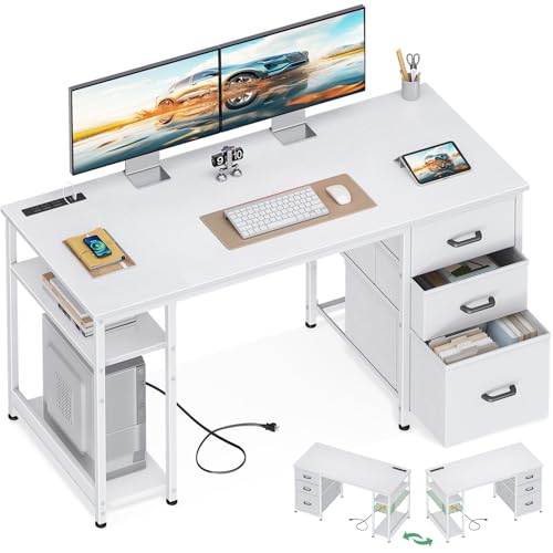 AODK 51 Inch White Computer Desk with Storage Drawers & USB Power Outlets