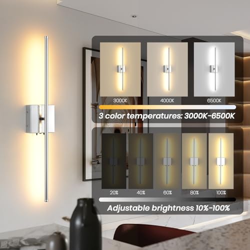 Chrome Wireless LED Battery Wall Sconces 2 Pack - Dimmable, 350° Rotatable, Remote Control, 11000mAh Rechargeable for Bedroom Living Room Hallway Variation of Chrome / 2 Pack