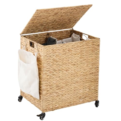 Laundry Hamper with Wheels 40.92 Gallon Water Hyacinth Wicker Basket with Lid & Removable Liners - Natural, 23.62 x 15.75 x 25.6 inches