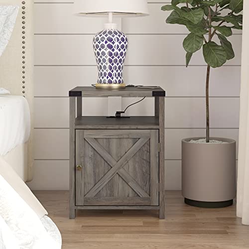 Rustic Grey Farmhouse Nightstand with Charging Station, Storage End Table