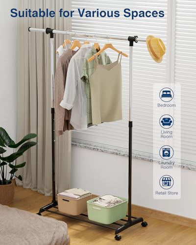 Heavy Duty Adjustable Garment Rack with Wheels - Black & Chrome, 34 x 17 x 69 inch