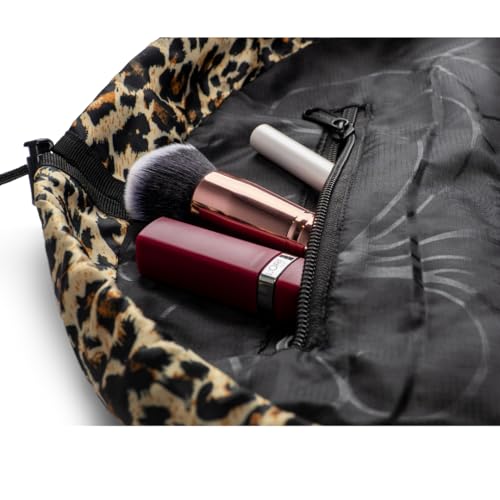 Lay-n-Go Cosmo Layflat Drawstring Cosmetic & Makeup Bag Organizer w/Zipper Pocket, Brush Loops & More, Cinch to Close, Lay Flat to Use, Durable, Machine Wash, Travel Toiletry Bag (22", Leopard)