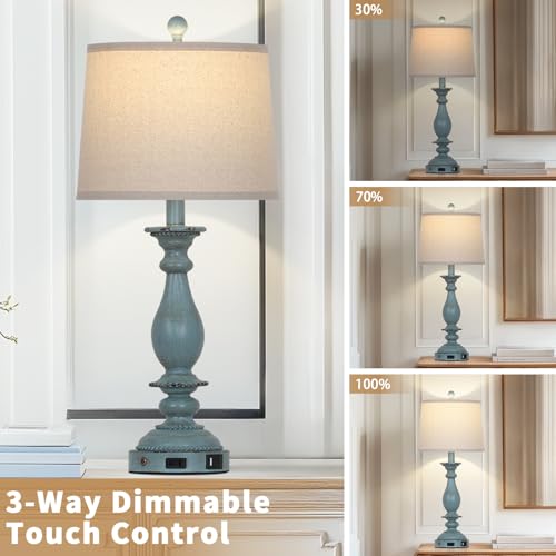 Blue Coastal Table Lamps Set of 2 - 28 Inch Dimmable Bedside Touch Lamps with USB & Outlet