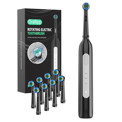 ORAFLIPP Black Electric Toothbrush with 3 Modes, 2-Minute Timer & 8 Replacements