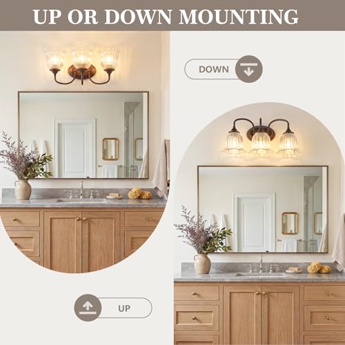 Oil Rubbed Bronze 3-Light Bathroom Vanity Light with Floral Glass Shades - Vintage Style