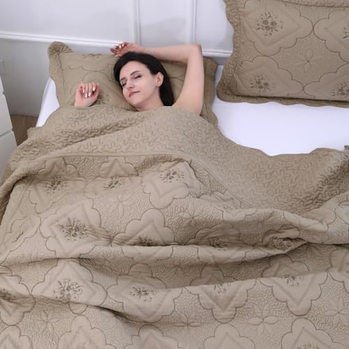 Cmfshape Oversized Floral Embroidery Quilt Set - Super King Taupe 120x120