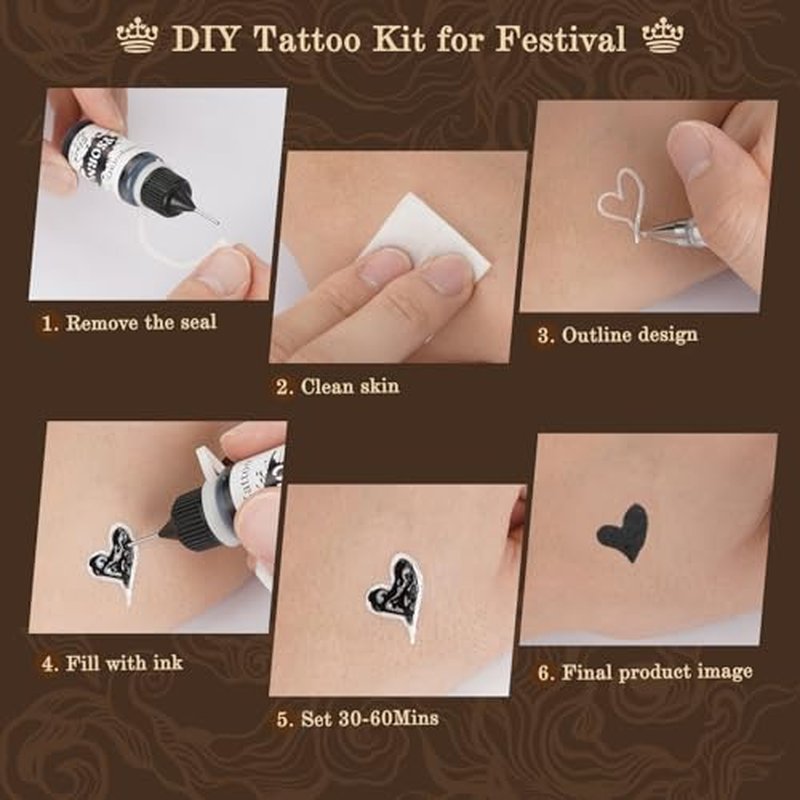 11 Colors Temporary Tattoo Ink Kit, 11 Bottles Tattoo Ink with 1Pcs Outline Pen for DIY Body Paint, Safe & Easy tattoos(Black,Red,Green,Purple,Orange,Navy, Blue,Brown,Pink,Grey,Yellow)