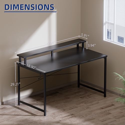 Black 47-Inch Small Computer Desk with Monitor Stand & Headphone Hook - Space-Saving Office & Kids Study Table