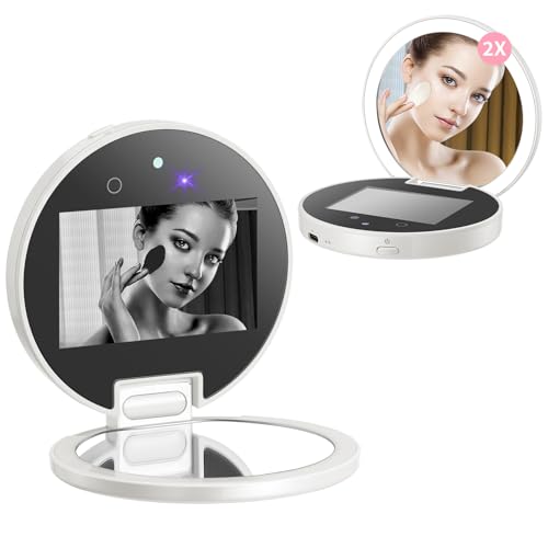 DESCHEN Rechargeable Travel Compact Smart UV Camera UV Mirror for Sunscreen Test, 2X Makeup Mirror with Lights and Magnification, 3.7 Inch Portable Purse Pocket LED, Skin Sun Protection