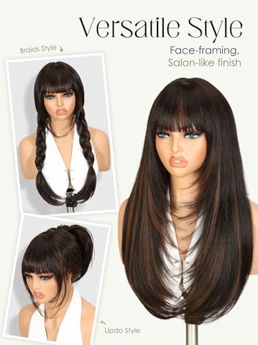 Highlight Brown Long Straight Layered Wig with Bangs - Synthetic Hair, Heat-Resistant, Natural Look