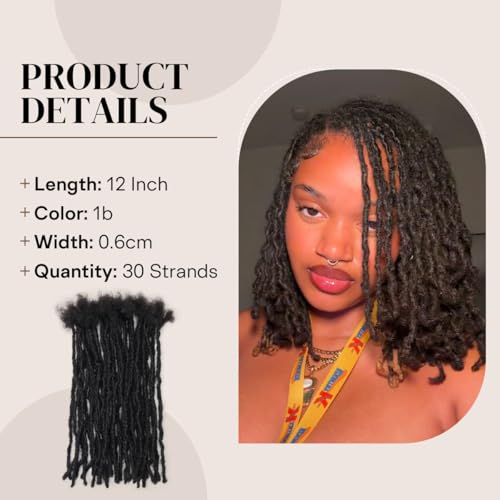 12 Inch Human Hair Dreadlock Extensions - 30 Strands #1B 0.6cm Interlocking Locs - Natural Black - Handmade Permanent Dreads (Variation #1B / 12 Inch-30s-0.6cm)