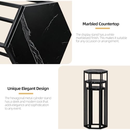 Black Hexagon Metal & Wooden Marble-Pattern Party Stand Set of 3 - Urban Deco