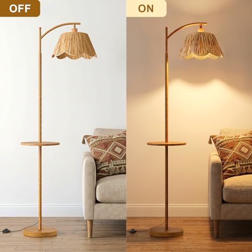Oneach Woodgrain Floor Lamp with Table, Rattan Shade & Foot Switch - Farmhouse Style