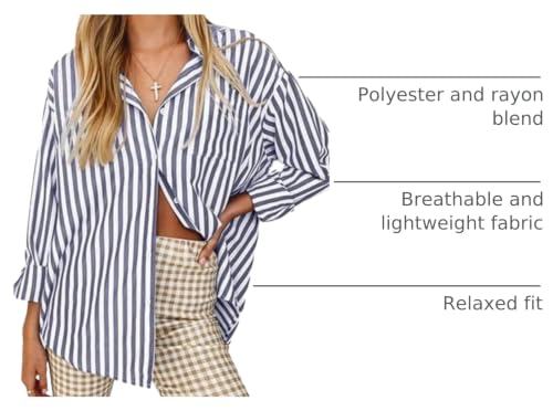 Large Navy Women's Striped Long Sleeve Button-Down Blouse Casual Top