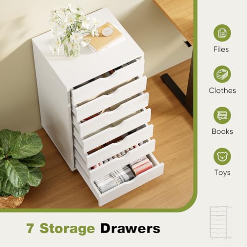 White 7-Drawer Rolling Storage Cabinet - Mobile Wood Dresser for Home & Office