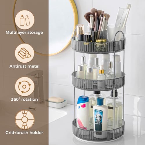3-Tier Grey Rotating Makeup Organizer with Brush Holder - Upgraded Countertop Storage for Women