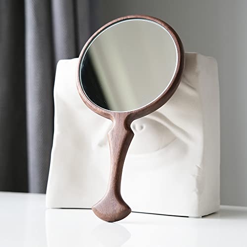 Round Walnut Hand Mirror - 5.5 Inch Diameter, Handheld Travel Vanity Mirror for Men & Women