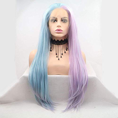 Pink and Blue 24-Inch Lace Front Wigs for Women - Long Straight Synthetic Hair, Pre-Plucked Natural Hairline, Festival & Holiday Style