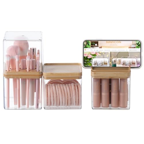 Makeup Brush Holder Comb with Cover Makeup Containers Organizers Set Makeup Holder Box Cosmetic Case With Lid Waterproof Dustproof Beauty Skincare Organizer Bathroom Vanity Countertop,Gift,Clear£¬3PCS