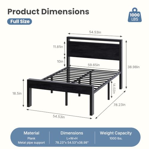 Full Size Bed Frame with Wood Headboard - Black, 14 Inch Under-Bed Storage
