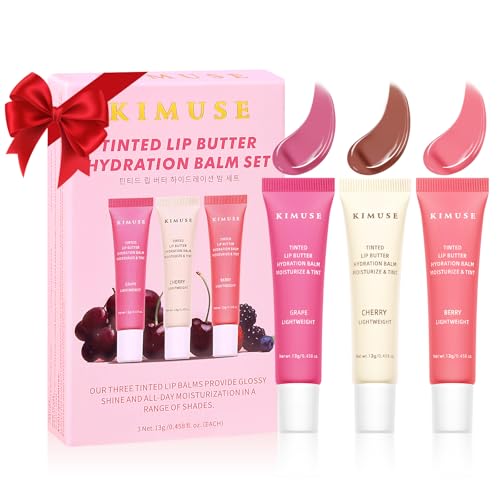 KIMUSE 3 Pack Tinted Lip Butter Hydration Balm, Hydrating Lip Treatment with Hyaluronic Acid & Vitamin E, Tinted Lip Balm for Instant Moisture, Shine & Hydration, Supple Lips, Vegan & Cruelty-Free