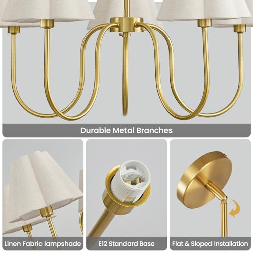 Brushed Gold Modern Farmhouse Chandelier 28" Adjustable Linen Shade Pendant Light