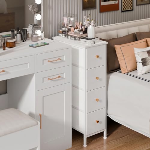 Fixwal Narrow Storage Cabinet - Slim White Dresser with 4 Fabric Drawers, 16.5 x 9.5 x 29.5 Inches
