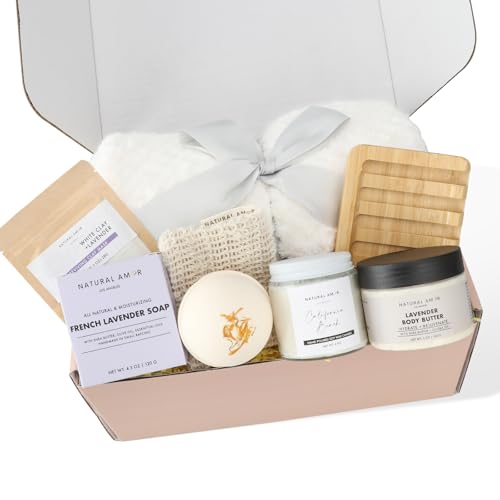 Natural Amor 8-Piece Spa Gift Set with Blanket ? Self-Care Box with Lavender Body Butter, Soap, Candle ? Blanket with Grey Ribbon Gift for Women, Birthday, Holiday