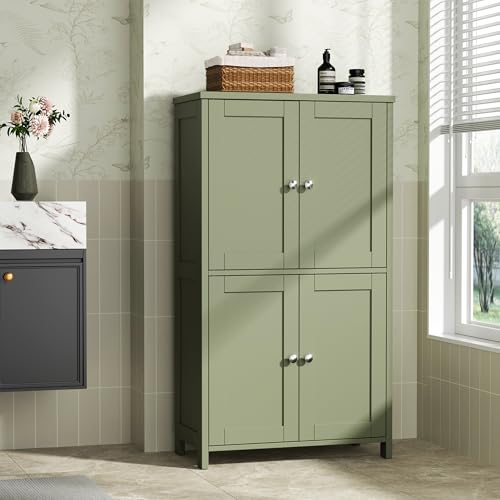 Bathroom Storage Cabinet with 4 Doors & Adjustable Shelves - Green
