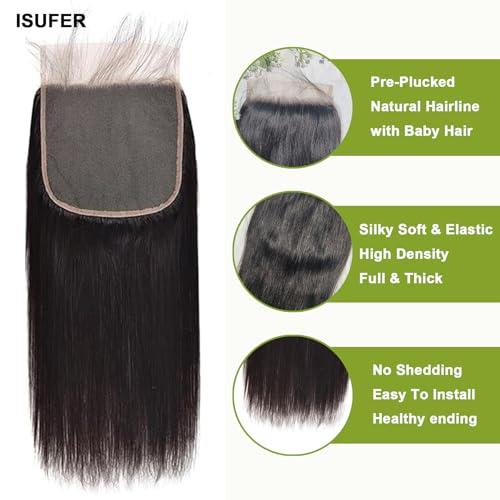 7x7 HD Transparent Lace Closure 12 Inch Brazilian Virgin Human Hair - Straight, Pre Plucked with Baby Hair