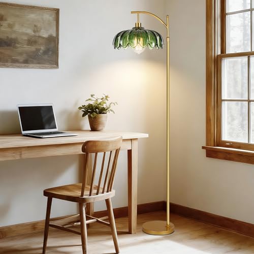 Dimmable Green Glass Floor Lamp with Remote - Mid Century Modern Brass Tall Arc Lamp, 02-Floor Lamp