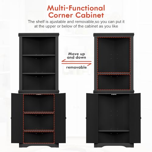 YESHOMY Corner Cabinet with Doors Dark Black - Storage Cupboard with Adjustable Shelves