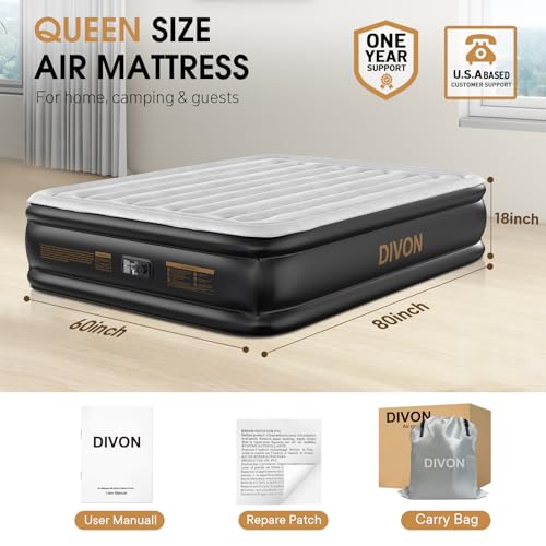 Queen Air Mattress with Built-In Pump Grey 18-Inch Raised for Guests & Camping