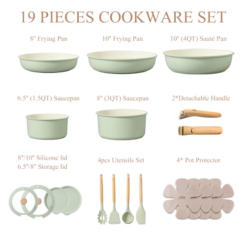 Sage Green 19-Piece Nonstick Pots and Pans Set with Detachable Handles