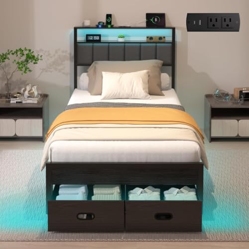 Twin Bed Frame with Storage Drawers, LED Lights & Charging Station