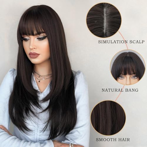 24 Inch Natural Black Layered Wig with Bangs for Women - Model 1B