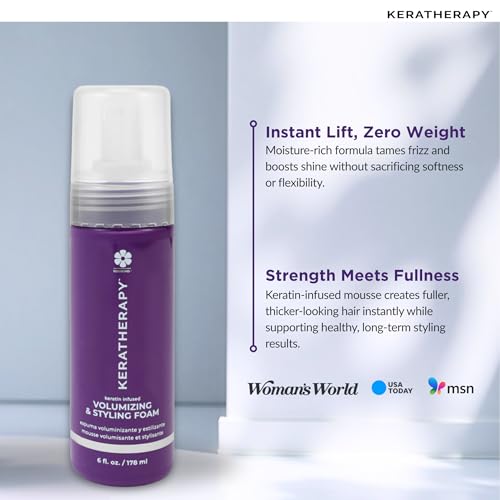 KERATHERAPY Keratin Infused Volumizing Nourishing Styling Foam, 6 fl. oz., 178 ml - Hair Styling Foam with Sunflower Oil, Linseed Oil, & Olive Fruit for Shine & Frizz Control - Volumizing Mousse