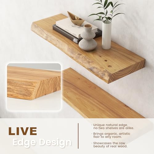 Venusmiles 24-Inch Live Edge Reclaimed Elm Floating Shelves - Heavy-Duty Wall Mount Set of 2 - Natural Finish