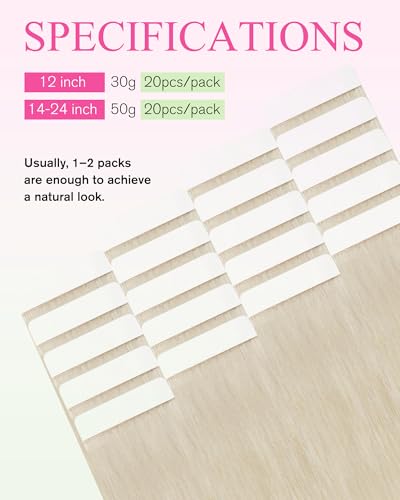 YoungSee Blonde Tape-In Hair Extensions Platinum Blonde 20pcs 14 Inch - Lightweight Human Hair